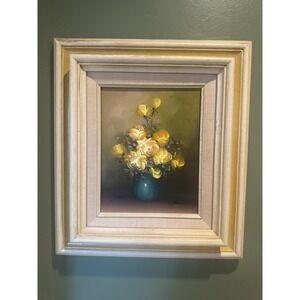 Vintage Framed Oil Painting Artist Signed Still Life Yellow Rose Bouquet